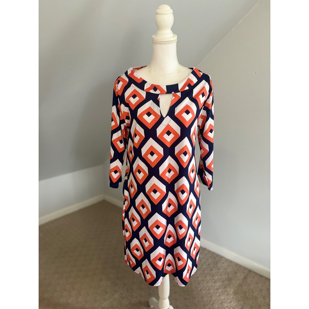 Tracy Negoshian Geometric Print Dress Keyhole Neckline 3/4 Sleeve Size L